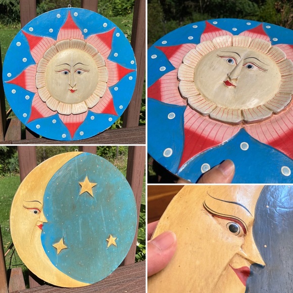 Vintage 2 Sided Handmade Flower Sun and Crescent Moon Wooden Wall Hanging Decor